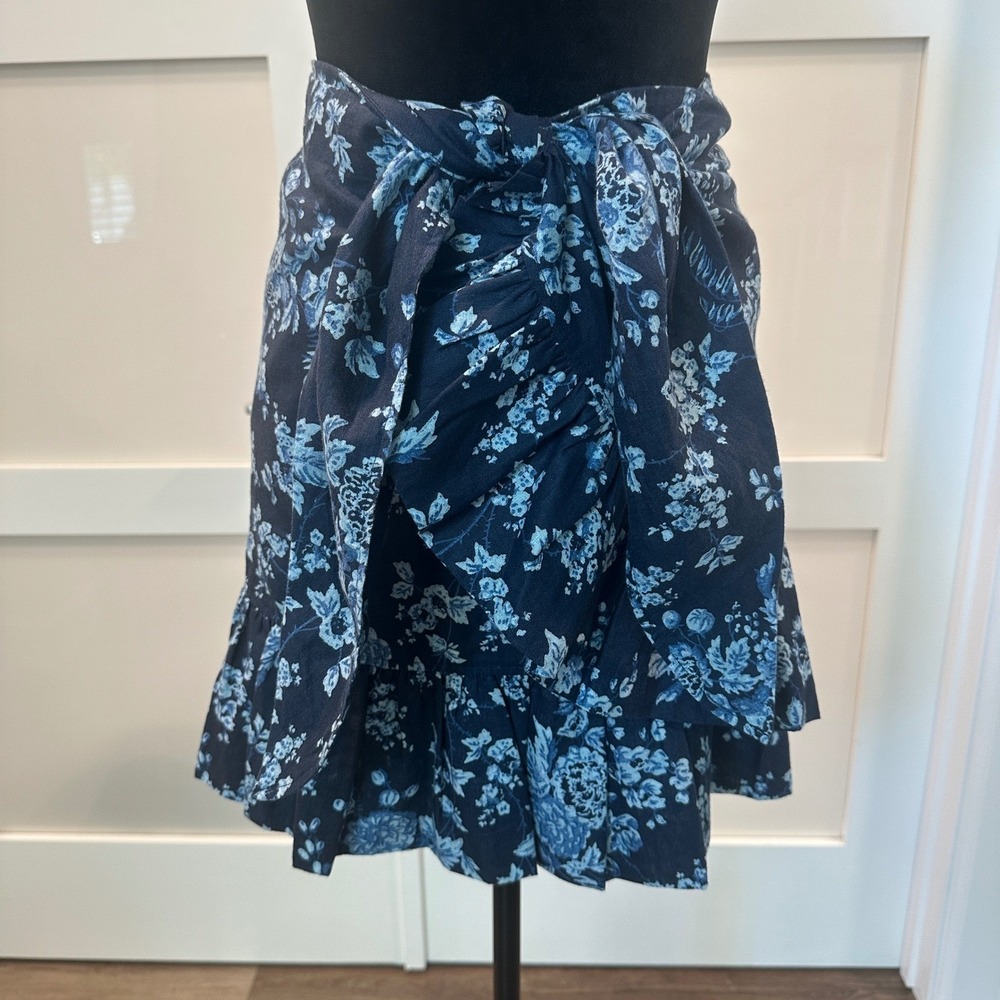 NEW NWT Tuckernuck Mini Skirt Womens M Blue Floral Twilight Garden Wrap Ruffle